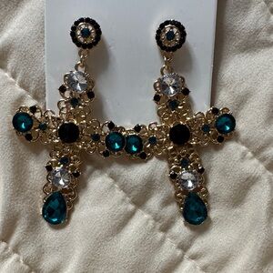 Elegant Gold and Teal Cross Earrings